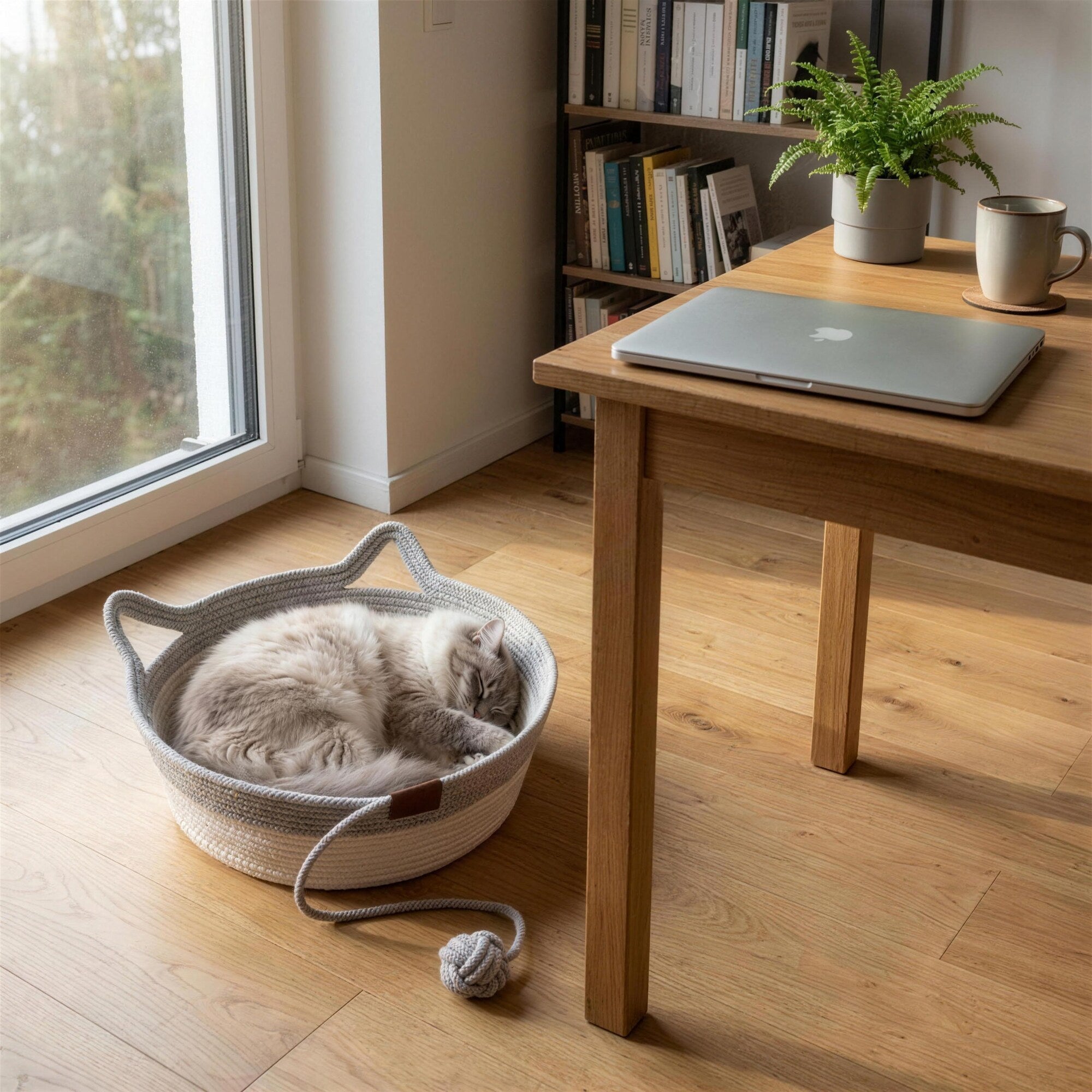 Grauer Katzenkorb neben dem Schreibtisch, langhaarige Katze schlaeft darin (KI-generierte Abbildung)
