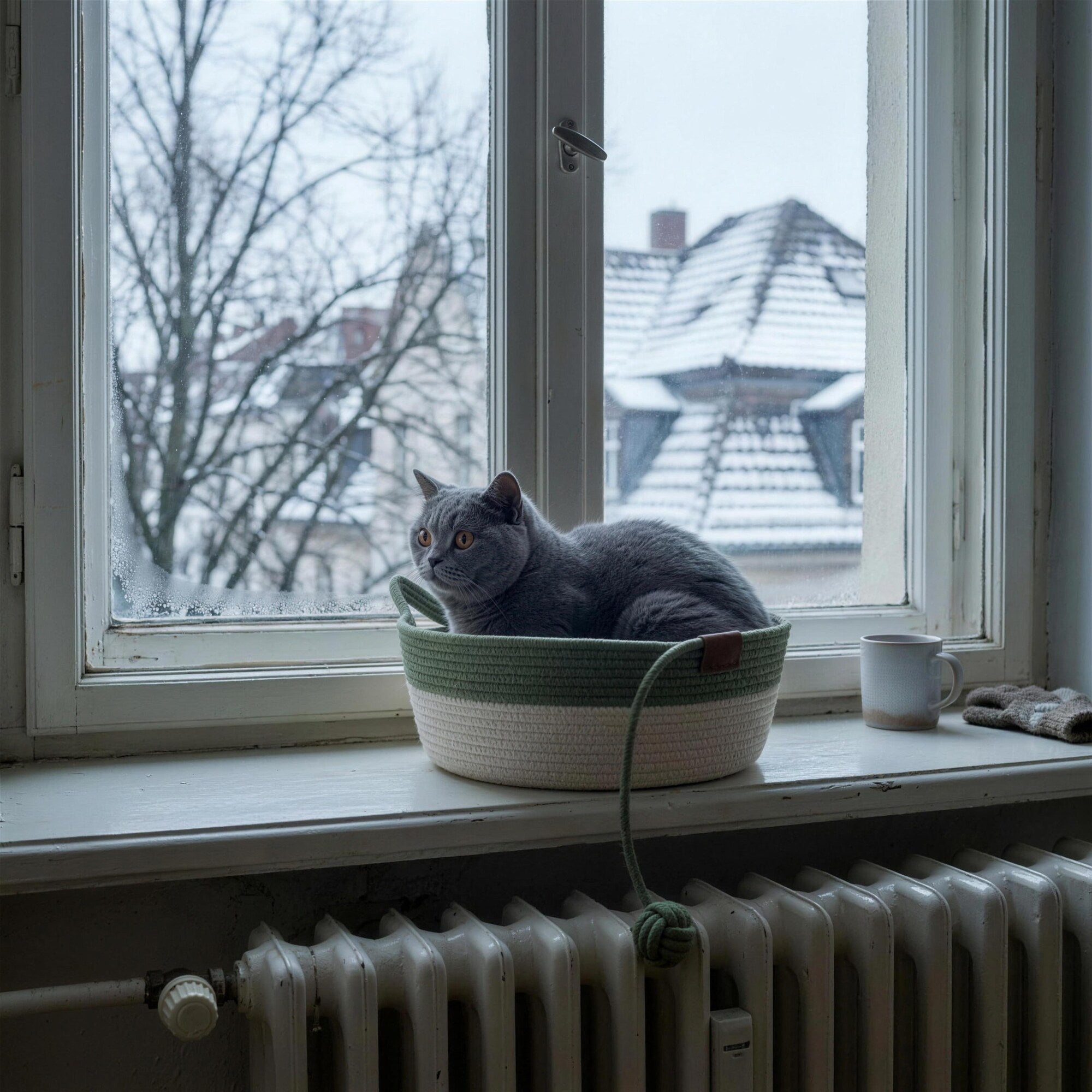 Gruener Katzenkorb auf der Fensterbank ueber der Heizung, Britisch Kurzhaar schaut nach draussen (KI-generierte Abbildung)