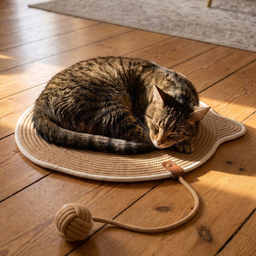Getigerte Katze schläft eingerollt auf der Instinkt Matte in Karamell auf sonnigen Holzdielen