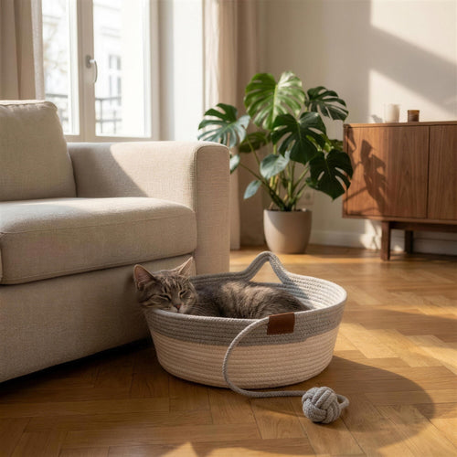 Grauer Instinkt Korb neben dem Sofa im Wohnzimmer, getigerte Katze liegt darin