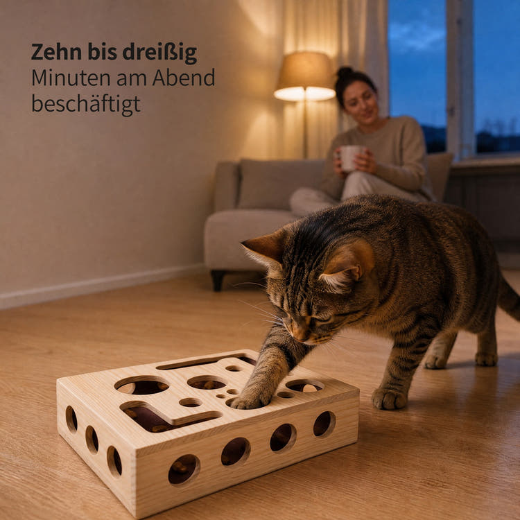 Getigerte Katze angelt am Abend Futter aus dem Instinkt Fummelbrett, dahinter sitzt ihre Halterin mit einer Tasse auf dem Sofa: zehn bis dreißig Minuten am Abend beschäftigt