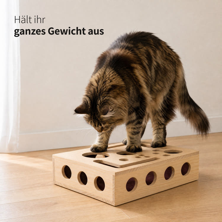 Große langhaarige getigerte Katze steht mit allen vier Pfoten auf dem Instinkt Fummelbrett: Es hält ihr ganzes Gewicht aus