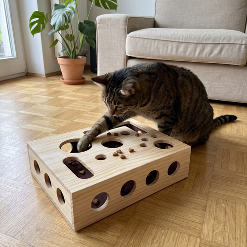 Getigerte Katze angelt mit einer Pfote Trockenfutter aus dem Instinkt Fummelbrett, im Wohnzimmer auf Parkett