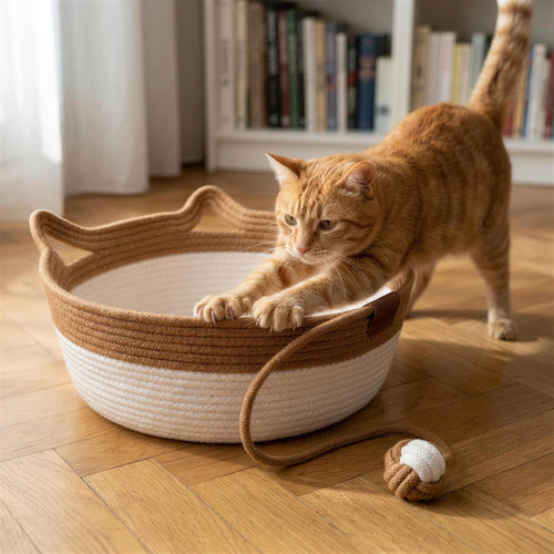Rot getigerte Katze kratzt mit ausgefahrenen Krallen am Seilrand des Korbs (KI-generierte Abbildung)