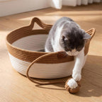 Katze angelt aus dem Korb heraus nach dem angenaehten Spielball an der Seilschnur (KI-generierte Abbildung)