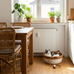 Katzenkorb unter dem Fenster im Essbereich, Katze liegt darin und beobachtet den Raum (KI-generierte Abbildung)