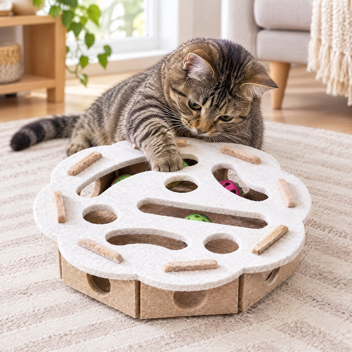 Getigerte Katze angelt mit der Pfote im weißen Instinkt Labyrinth, im hellen Wohnzimmer
