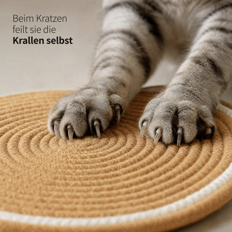 Nahaufnahme: zwei Pfoten mit ausgefahrenen Krallen auf dem gewickelten Baumwollseil der Instinkt Matte in Karamell. Beim Kratzen feilt sie die Krallen selbst