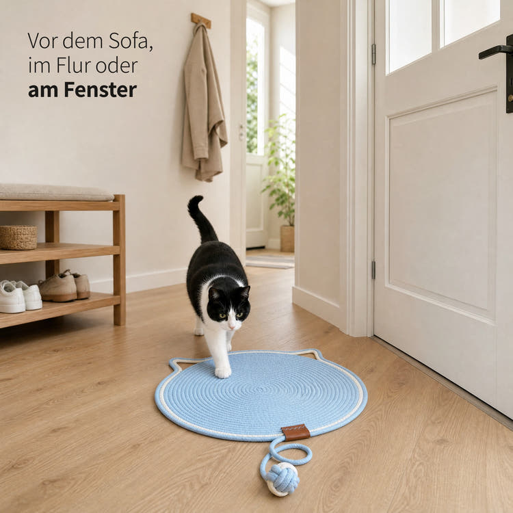Schwarz-weiße Katze läuft im Flur auf die Instinkt Matte in Himmelblau: vor dem Sofa, im Flur oder am Fenster