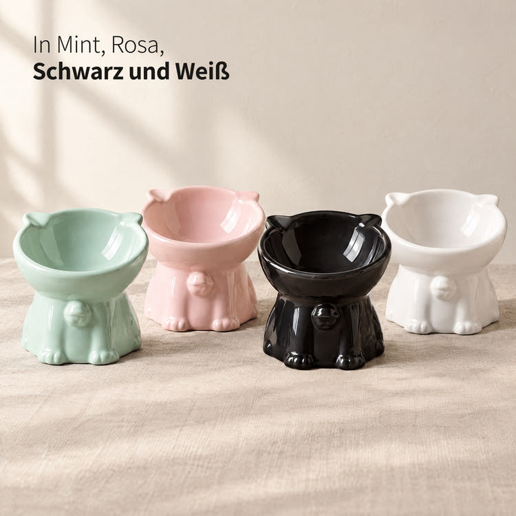 Vier Instinkt Näpfe nebeneinander in Mint, Rosa, Schwarz und Weiß