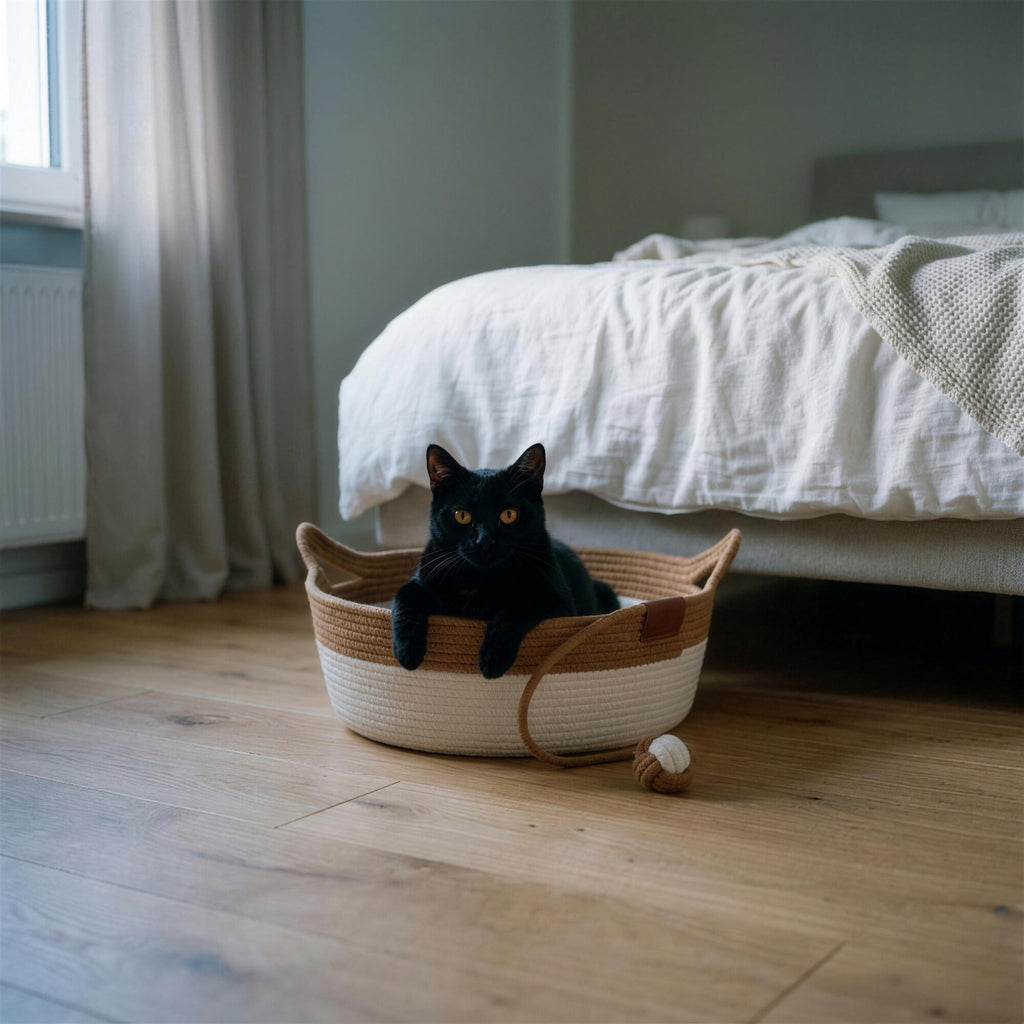 Schwarze Katze sitzt im Katzenkorb am Fussende des Betts (KI-generierte Abbildung)
