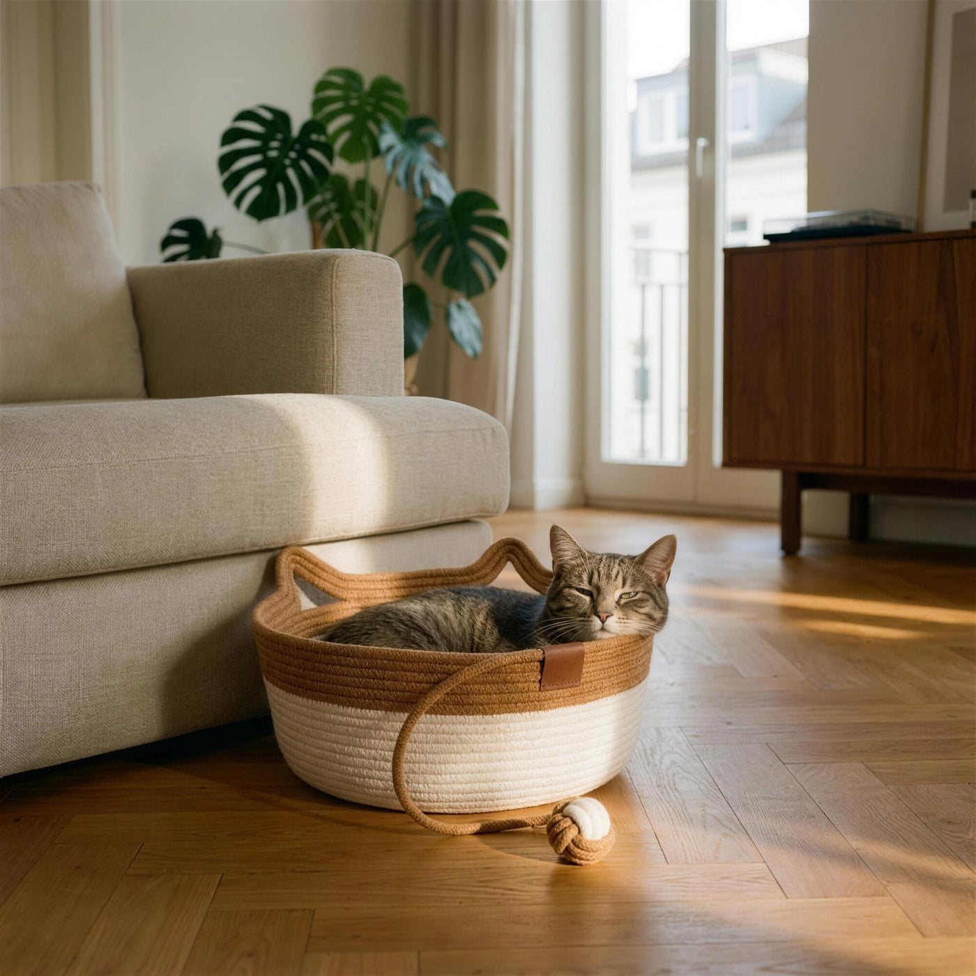 Getigerte Katze liegt zusammengerollt im Katzenkorb aus Baumwollseil neben dem Sofa im Wohnzimmer (KI-generierte Abbildung)
