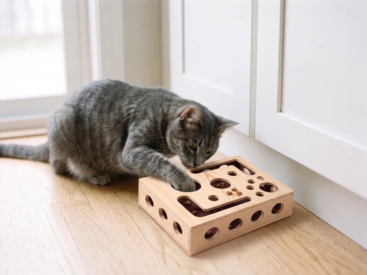 Graue getigerte Katze angelt mit der Pfote Futter aus dem Instinkt Fummelbrett