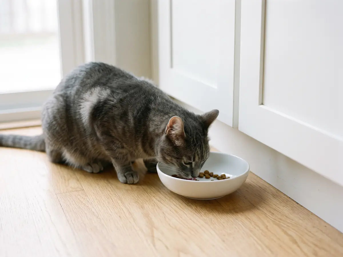 Graue getigerte Katze frisst aus einem weißen Napf