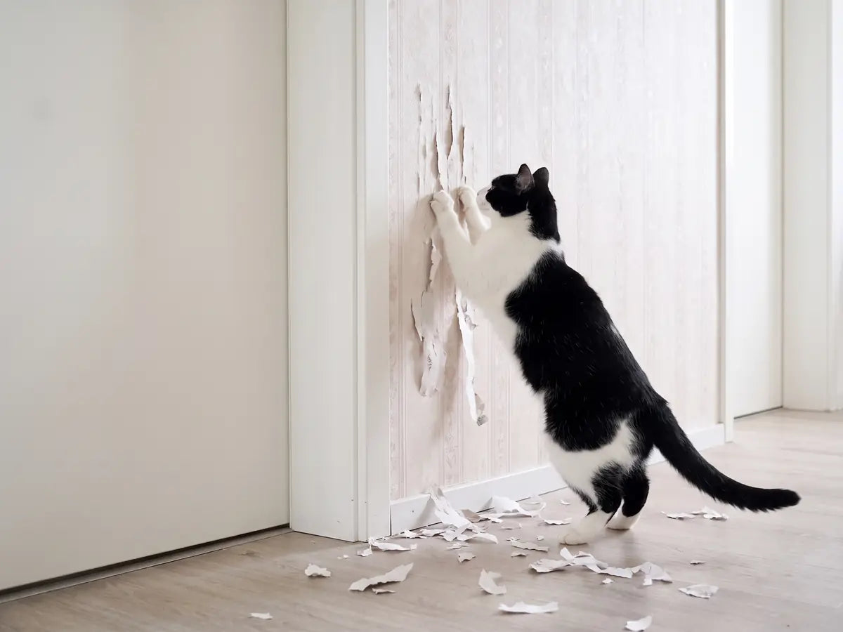 Schwarz-weiße Katze kratzt an der Tapete neben dem Türrahmen, Fetzen liegen am Boden
